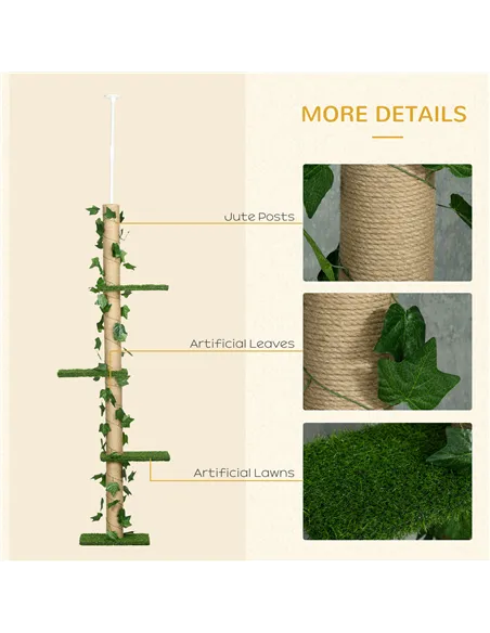 PawHut 242cm Adjustable Floor-To-Ceiling Cat Tree, with Artificial Decoration, Perches, Anti-Slip Kit - Green
