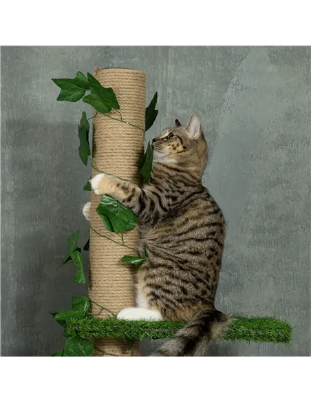 PawHut 242cm Adjustable Floor-To-Ceiling Cat Tree, with Artificial Decoration, Perches, Anti-Slip Kit - Green