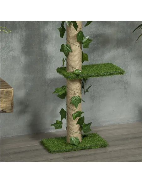 PawHut 242cm Adjustable Floor-To-Ceiling Cat Tree, with Artificial Decoration, Perches, Anti-Slip Kit - Green