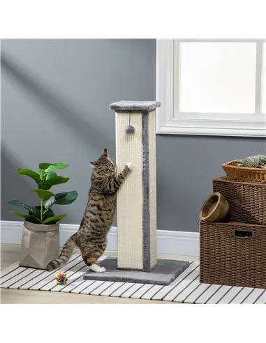 PawHut 81cm Cat Scratcher, Vertical Full Scratcher w/ Natural Sisal Rope, Hanging Ball, Soft Plush - Grey