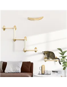 PawHut 3PCs Wall-Mounted Cat Shelves, with Jumping Platforms, Hammock, Scratching Post - Oak Tone 2