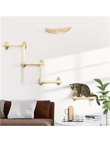 PawHut 3PCs Wall-Mounted Cat Shelves, with Jumping Platforms, Hammock, Scratching Post - Oak Tone