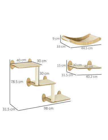 PawHut 3PCs Wall-Mounted Cat Shelves, with Jumping Platforms, Hammock, Scratching Post - Oak Tone