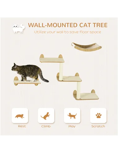 PawHut 3PCs Wall-Mounted Cat Shelves, with Jumping Platforms, Hammock, Scratching Post - Oak Tone