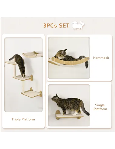 PawHut 3PCs Wall-Mounted Cat Shelves, with Jumping Platforms, Hammock, Scratching Post - Oak Tone
