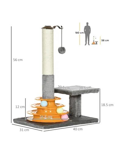 PawHut 56cm Cat Tree Tower Activity Centre, Climbing Stand Kitten House Furniture w/ Scratching Posts, Toy Ball - Grey