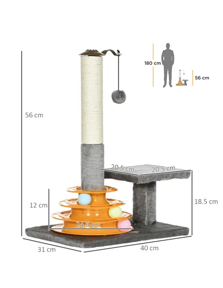 PawHut 56cm Cat Tree Tower Activity Centre, Climbing Stand Kitten House Furniture w/ Scratching Posts, Toy Ball - Grey