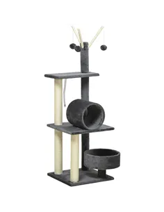 PawHut 121cm Cat Tree Tower for Indoor Cats Kitten Activity Centre Scratching Post with Bed Tunnel Perch Interactive Ball Toy Gr