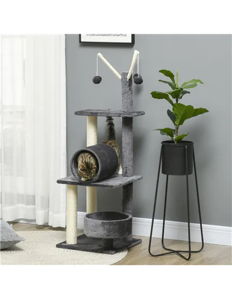 PawHut 121cm Cat Tree Tower for Indoor Cats Kitten Activity Centre Scratching Post with Bed Tunnel Perch Interactive Ball Toy Gr