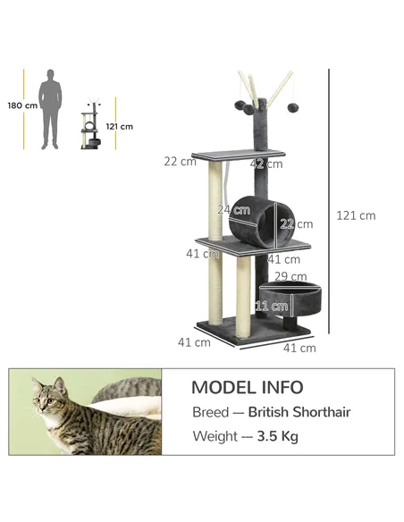 PawHut 121cm Cat Tree Tower for Indoor Cats Kitten Activity Centre Scratching Post with Bed Tunnel Perch Interactive Ball Toy Gr