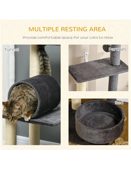 PawHut 121cm Cat Tree Tower for Indoor Cats Kitten Activity Centre Scratching Post with Bed Tunnel Perch Interactive Ball Toy Gr
