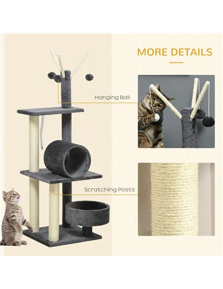 PawHut 121cm Cat Tree Tower for Indoor Cats Kitten Activity Centre Scratching Post with Bed Tunnel Perch Interactive Ball Toy Gr
