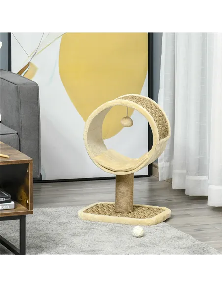 PawHut 56cm Cat Tree for Indoor Cats, with Scratching Post, Tunnel, Toy Ball - Beige