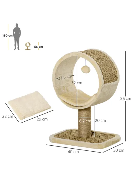 PawHut 56cm Cat Tree for Indoor Cats, with Scratching Post, Tunnel, Toy Ball - Beige