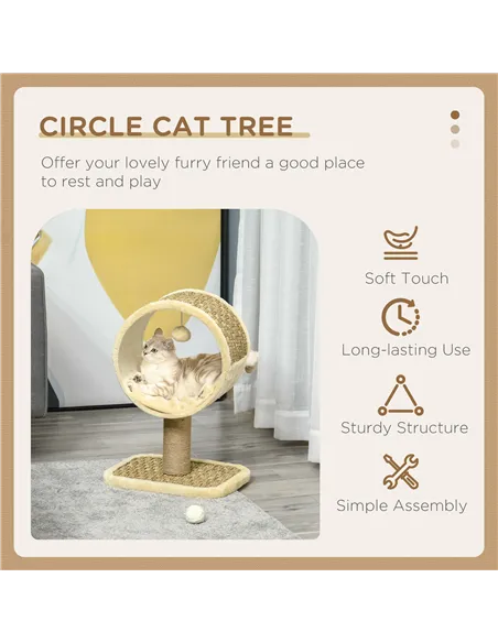PawHut 56cm Cat Tree for Indoor Cats, with Scratching Post, Tunnel, Toy Ball - Beige