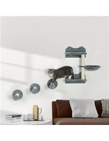 PawHut 4 Piece Cat Shelf with Scratching Post, Wall-Mounted Cat Tree for Indoor Cat - Grey