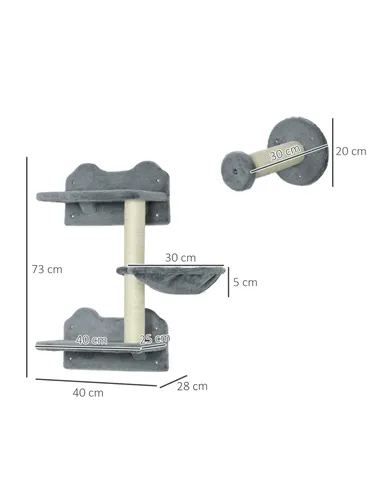 PawHut 4 Piece Cat Shelf with Scratching Post, Wall-Mounted Cat Tree for Indoor Cat - Grey