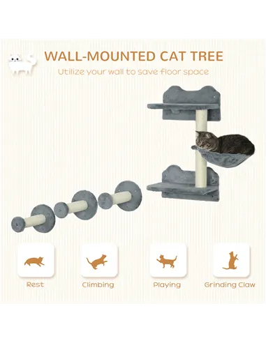 PawHut 4 Piece Cat Shelf with Scratching Post, Wall-Mounted Cat Tree for Indoor Cat - Grey