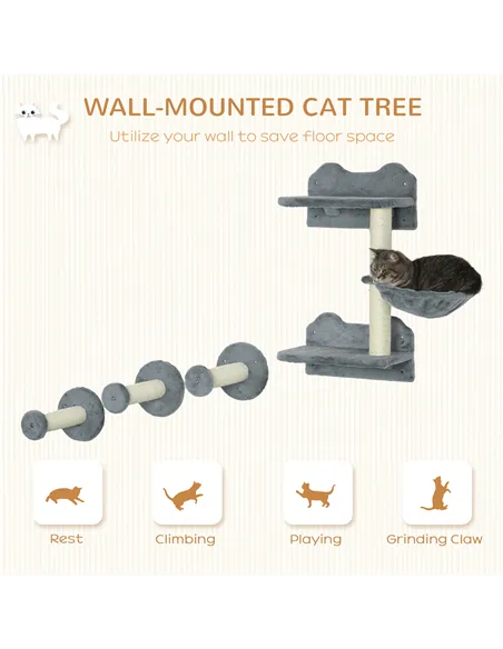 PawHut 4 Piece Cat Shelf with Scratching Post, Wall-Mounted Cat Tree for Indoor Cat - Grey