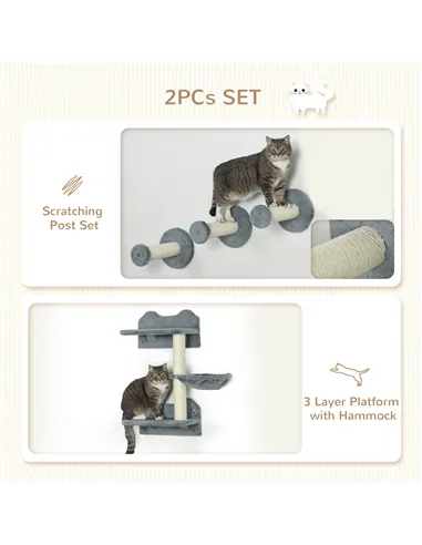 PawHut 4 Piece Cat Shelf with Scratching Post, Wall-Mounted Cat Tree for Indoor Cat - Grey