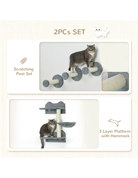PawHut 4 Piece Cat Shelf with Scratching Post, Wall-Mounted Cat Tree for Indoor Cat - Grey