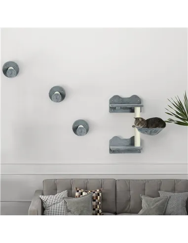 PawHut 4 Piece Cat Shelf with Scratching Post, Wall-Mounted Cat Tree for Indoor Cat - Grey