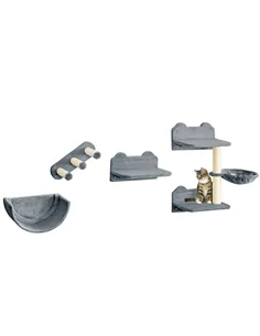 PawHut 4PCs Wall-Mounted Cat Shelves w/ Scratching Post, Hammock, Nest - Grey