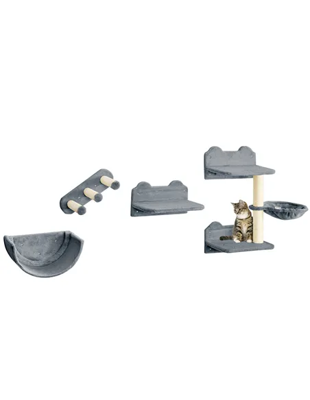 PawHut 4PCs Wall-Mounted Cat Shelves w/ Scratching Post, Hammock, Nest - Grey