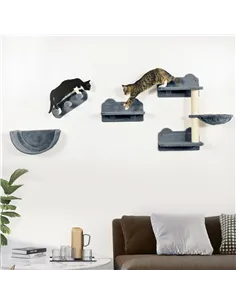 PawHut 4PCs Wall-Mounted Cat Shelves w/ Scratching Post, Hammock, Nest - Grey 2