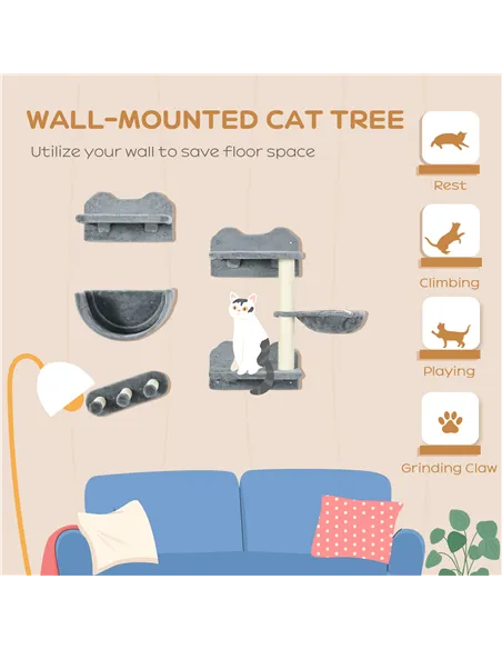 PawHut 4PCs Wall-Mounted Cat Shelves w/ Scratching Post, Hammock, Nest - Grey