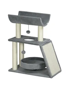 PawHut Cat Tree Tower, with Scratching Posts, Pad, Bed, Perch, Toy Ball - Light Grey