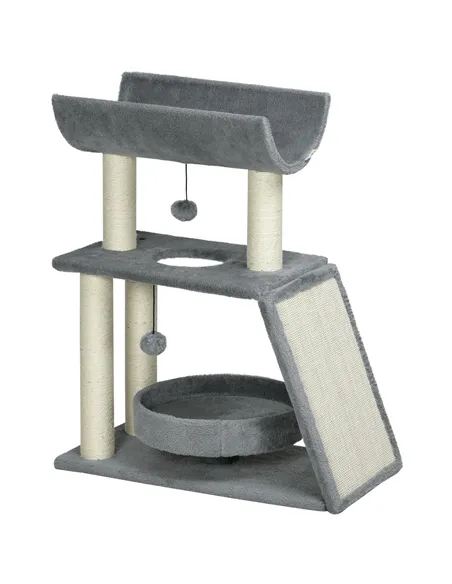 PawHut Cat Tree Tower, with Scratching Posts, Pad, Bed, Perch, Toy Ball - Light Grey