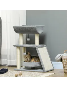 PawHut Cat Tree Tower, with Scratching Posts, Pad, Bed, Perch, Toy Ball - Light Grey 2