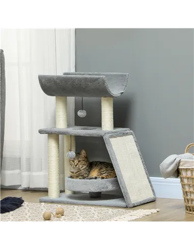 PawHut Cat Tree Tower, with Scratching Posts, Pad, Bed, Perch, Toy Ball - Light Grey
