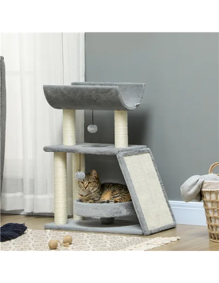 PawHut Cat Tree Tower, with Scratching Posts, Pad, Bed, Perch, Toy Ball - Light Grey