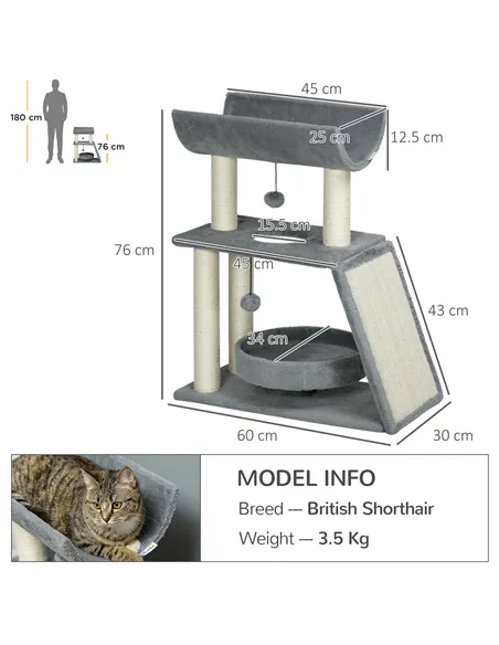 PawHut Cat Tree Tower, with Scratching Posts, Pad, Bed, Perch, Toy Ball - Light Grey