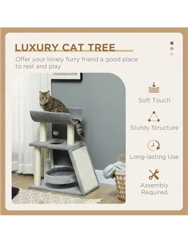 PawHut Cat Tree Tower, with Scratching Posts, Pad, Bed, Perch, Toy Ball - Light Grey