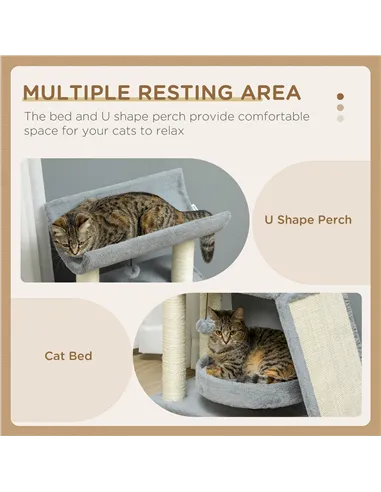 PawHut Cat Tree Tower, with Scratching Posts, Pad, Bed, Perch, Toy Ball - Light Grey