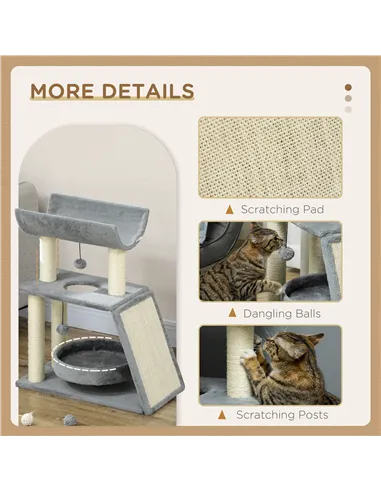 PawHut Cat Tree Tower, with Scratching Posts, Pad, Bed, Perch, Toy Ball - Light Grey