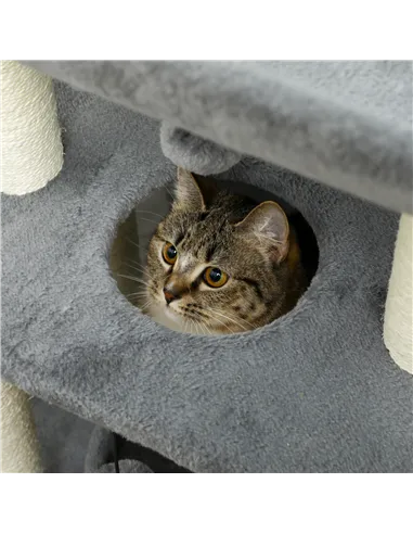 PawHut Cat Tree Tower, with Scratching Posts, Pad, Bed, Perch, Toy Ball - Light Grey