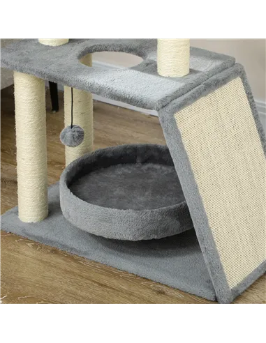 PawHut Cat Tree Tower, with Scratching Posts, Pad, Bed, Perch, Toy Ball - Light Grey
