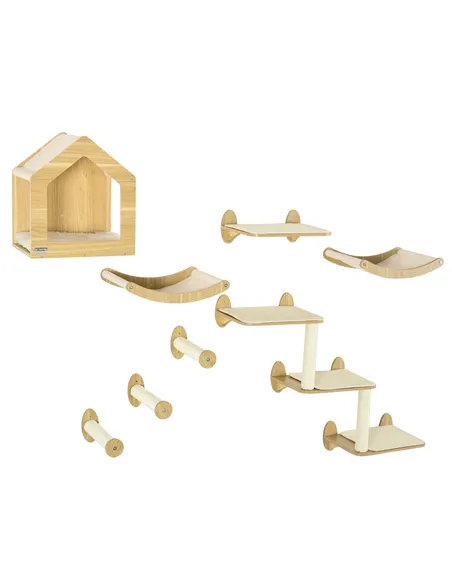 PawHut 8 Piece Cat Shelves Set, with Cat House, Three Perches, Three Scratching Posts