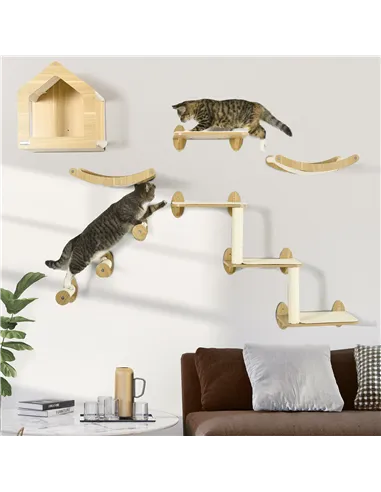 PawHut 8 Piece Cat Shelves Set, with Cat House, Three Perches, Three Scratching Posts