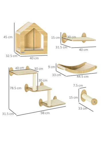PawHut 8 Piece Cat Shelves Set, with Cat House, Three Perches, Three Scratching Posts