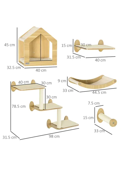 PawHut 8 Piece Cat Shelves Set, with Cat House, Three Perches, Three Scratching Posts