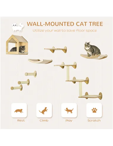 PawHut 8 Piece Cat Shelves Set, with Cat House, Three Perches, Three Scratching Posts