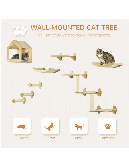 PawHut 8 Piece Cat Shelves Set, with Cat House, Three Perches, Three Scratching Posts