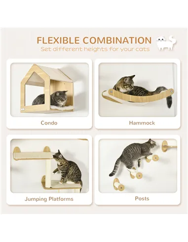 PawHut 8 Piece Cat Shelves Set, with Cat House, Three Perches, Three Scratching Posts