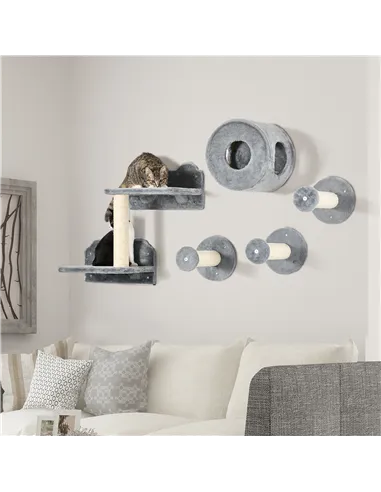 PawHut 5PCs Cat Wall Furniture with Perch, Cat House, Scratching Post