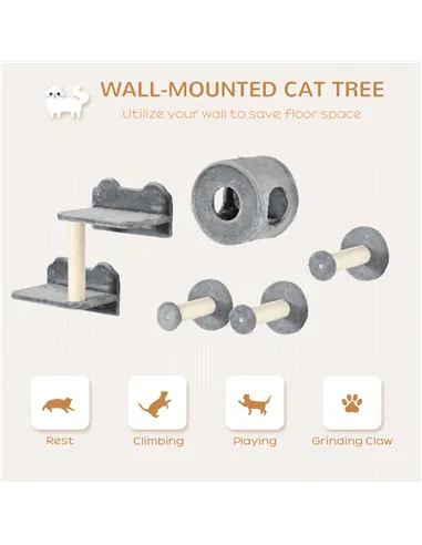 PawHut 5PCs Cat Wall Furniture with Perch, Cat House, Scratching Post